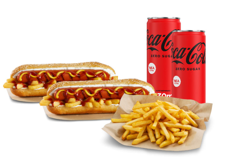 2 Hot Dogs, 2 Αναψυκτικά & Πατάτες Προσφορές delivery online deals everest